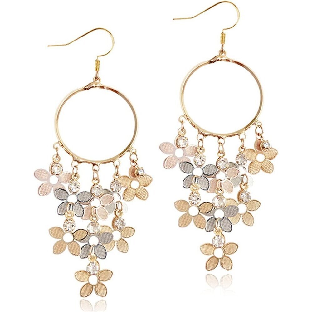 Women's Bohemian Long Colorful Chandelier Tassel Flower Dangle Drop Hoop Earring - Picture 1 of 9
